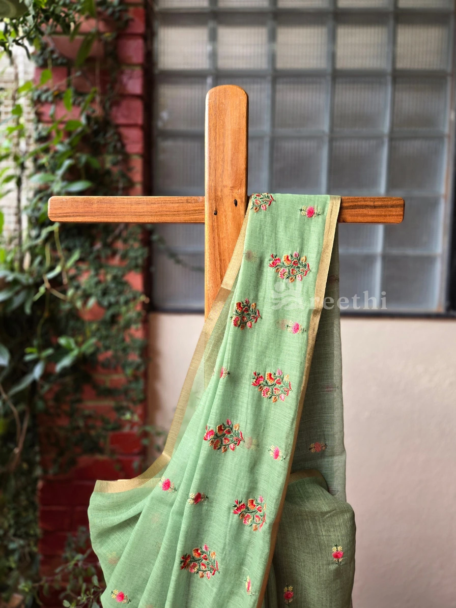 Cotton Linen Blend - Flower Embroidery
